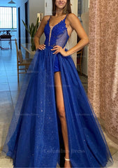 Prom Dresses Long, A-line V Neck Spaghetti Straps Long/Floor-Length Tulle Prom Dress With Appliqued Glitter Split Left