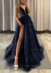 Prom Dresses Short, A-line V Neck Spaghetti Straps Long/Floor-Length Tulle Prom Dress With Appliqued Glitter Split Left