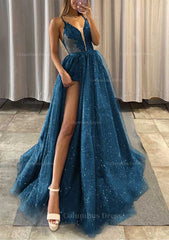 Prom Dress Ideas, A-line V Neck Spaghetti Straps Long/Floor-Length Tulle Prom Dress With Appliqued Glitter Split Left
