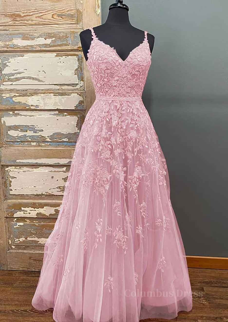 Prom Dresse 2029, A-line V Neck Spaghetti Straps Long/Floor-Length Tulle Prom Dress With Beading Lace Pockets Sequins