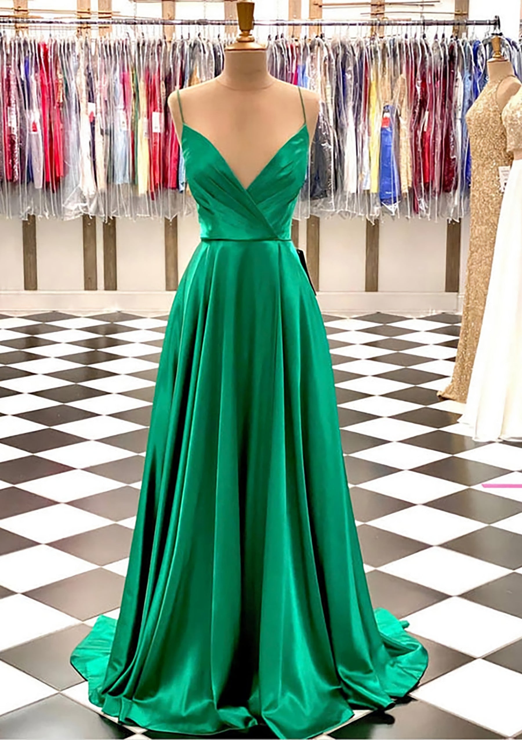 Evening Dresses Unique, A-line V Neck Spaghetti Straps Sweep Train Charmeuse Prom Dress With Pleated