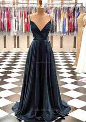 Evening Dresses Gowns, A-line V Neck Spaghetti Straps Sweep Train Charmeuse Prom Dress With Pleated
