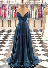 Evening Dress Simple, A-line V Neck Spaghetti Straps Sweep Train Charmeuse Prom Dress With Pleated