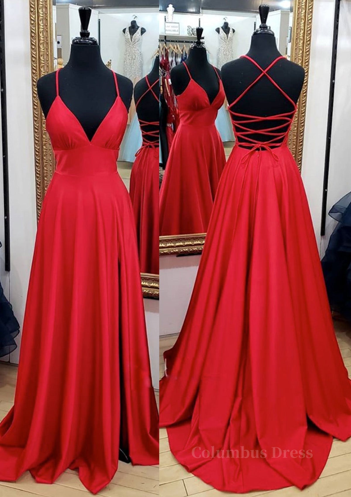 Prom Dress 2030, A-line V Neck Spaghetti Straps Sweep Train Charmeuse Prom Dress With Pleated Split