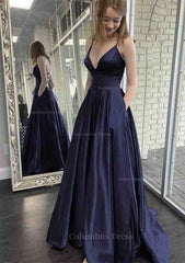 Formal Dresses Long, A-line V Neck Spaghetti Straps Sweep Train Charmeuse Prom Dress With Pockets