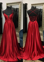 Prom Dresses Laces, A-line V Neck Spaghetti Straps Sweep Train Charmeuse Prom Dress With Split