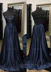 Prom Dress Lace, A-line V Neck Spaghetti Straps Sweep Train Charmeuse Prom Dress With Split