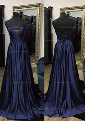 Prom Dresses Long Beautiful, A-line V Neck Spaghetti Straps Sweep Train Charmeuse Prom Dress With Split