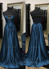 Prom Dress Long Beautiful, A-line V Neck Spaghetti Straps Sweep Train Charmeuse Prom Dress With Split