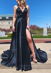 Prom Dress Long Ball Gown, A-line V Neck Spaghetti Straps Sweep Train Charmeuse Prom Dress With Split