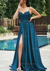 Bachelorette Party, A-line V Neck Spaghetti Straps Sweep Train Satin Prom Dress With Appliqued Beading Pleated Split