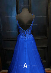 Prom Dress And Boots, A-line V Neck Spaghetti Straps Sweep Train Tulle Prom Dress With Appliqued
