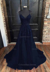 Prom Dresses 2023 Black, A-line V Neck Spaghetti Straps Sweep Train Tulle Prom Dress With Appliqued