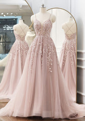 Nice Dress, A-line V Neck Spaghetti Straps Sweep Train Tulle Prom Dress With Appliqued Beading