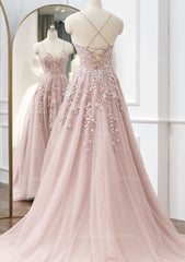 Elegant Wedding, A-line V Neck Spaghetti Straps Sweep Train Tulle Prom Dress With Appliqued Beading
