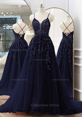 Wedding Pictures Ideas, A-line V Neck Spaghetti Straps Sweep Train Tulle Prom Dress With Appliqued Beading