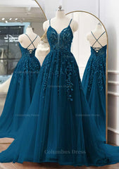 Beach Wedding Guest Dress, A-line V Neck Spaghetti Straps Sweep Train Tulle Prom Dress With Appliqued Beading