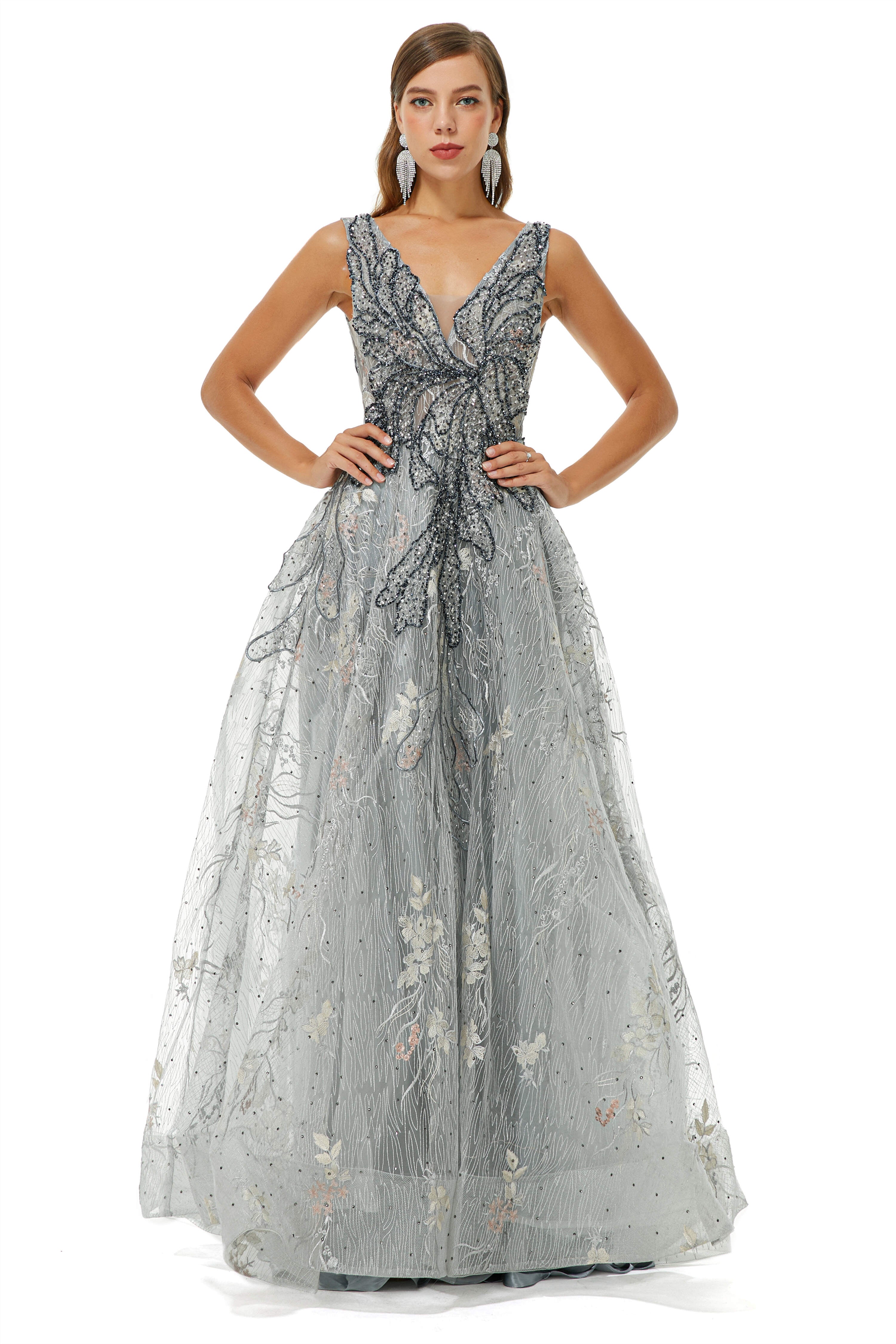 On Shoulder Dress, A-line V-neck Strap Lace Sequined Beaded Open Back Floor-length Prom Dresses