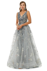 Homecoming, A-line V-neck Strap Lace Sequined Beaded Open Back Floor-length Prom Dresses