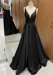 Formal Dress For Girls, A-line V Neck Sweep Train Satin Prom Dress With Pleated