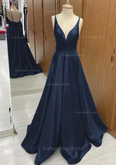 Formal Dresses For Girls, A-line V Neck Sweep Train Satin Prom Dress With Pleated