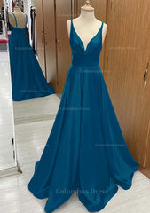 Formal Dresses With Sleeves For Weddings, A-line V Neck Sweep Train Satin Prom Dress With Pleated