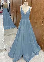 Formal Dresses For Weddings Mother Of The Bride, A-line V Neck Sweep Train Satin Prom Dress With Pleated