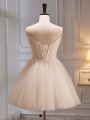Homecoming Dresses Simpl, A-Line V Neck Tulle Light Champagne Short Prom Dress, Champagne Homecoming Dress