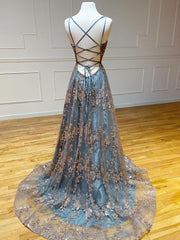 Prom Dresses Nearby, A-Line  V Neck Tulle Sequin Long Prom Dress, Backless Long Evening Dresses