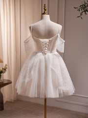 Homecoming Dress Long, A-Line V Neck Tulle Short Beige Prom Dress, Cute Beige Homecoming Dress