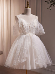 Homecomeing Dresses Long, A-Line V Neck Tulle Short Beige Prom Dress, Cute Beige Homecoming Dress