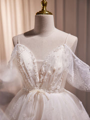 Homecomming Dresses Long, A-Line V Neck Tulle Short Beige Prom Dress, Cute Beige Homecoming Dress