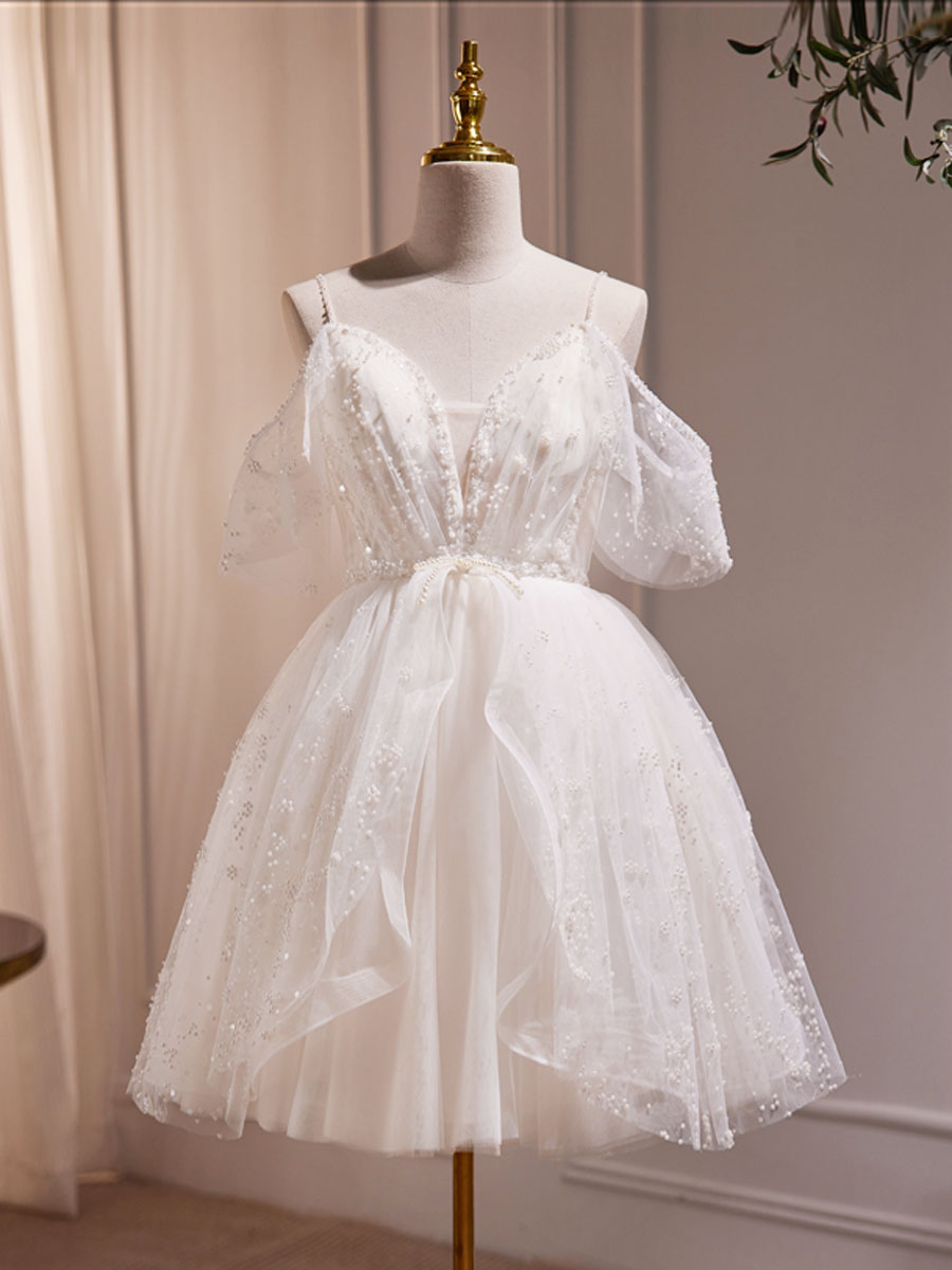 Homecomming Dresses Short, A-Line V Neck Tulle Short Beige Prom Dress, Cute Beige Homecoming Dress