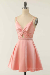 Gown Dress, A-line V Neck Twist Knot Cut-Out Pleated Mini Homecoming Dress
