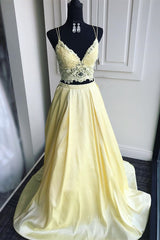 Homecoming Dresses Elegant, A Line V Neck Two Pieces Lace Top Yellow Prom Dress, Two Pieces Yellow Formal Dress, Yellow Lace Evening Dress