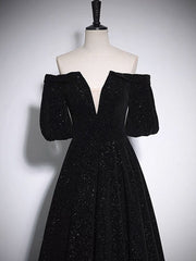 Evening Dress Sale, A-Line V Neck Velvet Black Long Prom Dress, Black Formal Evening Dress