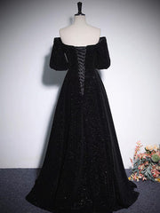 Evening Dress For Sale, A-Line V Neck Velvet Black Long Prom Dress, Black Formal Evening Dress