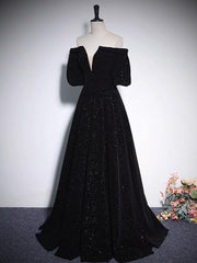 Evening Dresses For Sale, A-Line V Neck Velvet Black Long Prom Dress, Black Formal Evening Dress