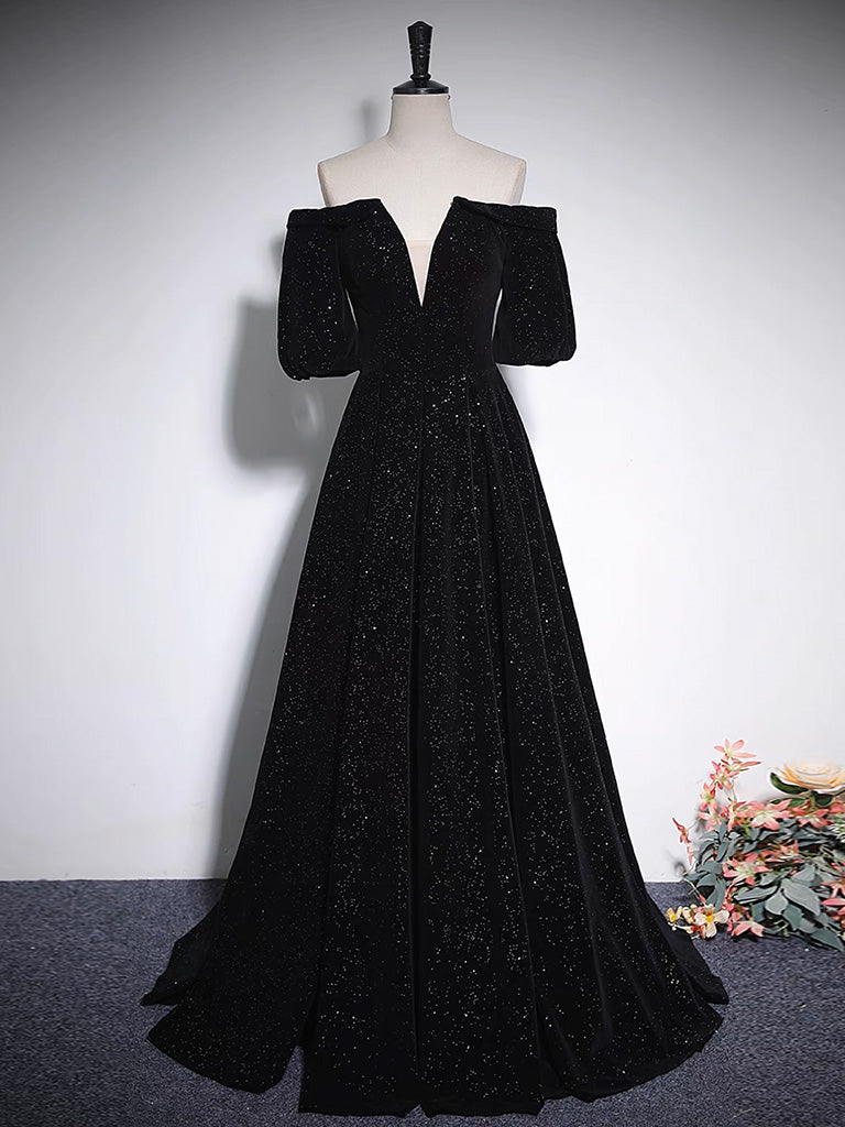 Evening Dresses Sale, A-Line V Neck Velvet Black Long Prom Dress, Black Formal Evening Dress