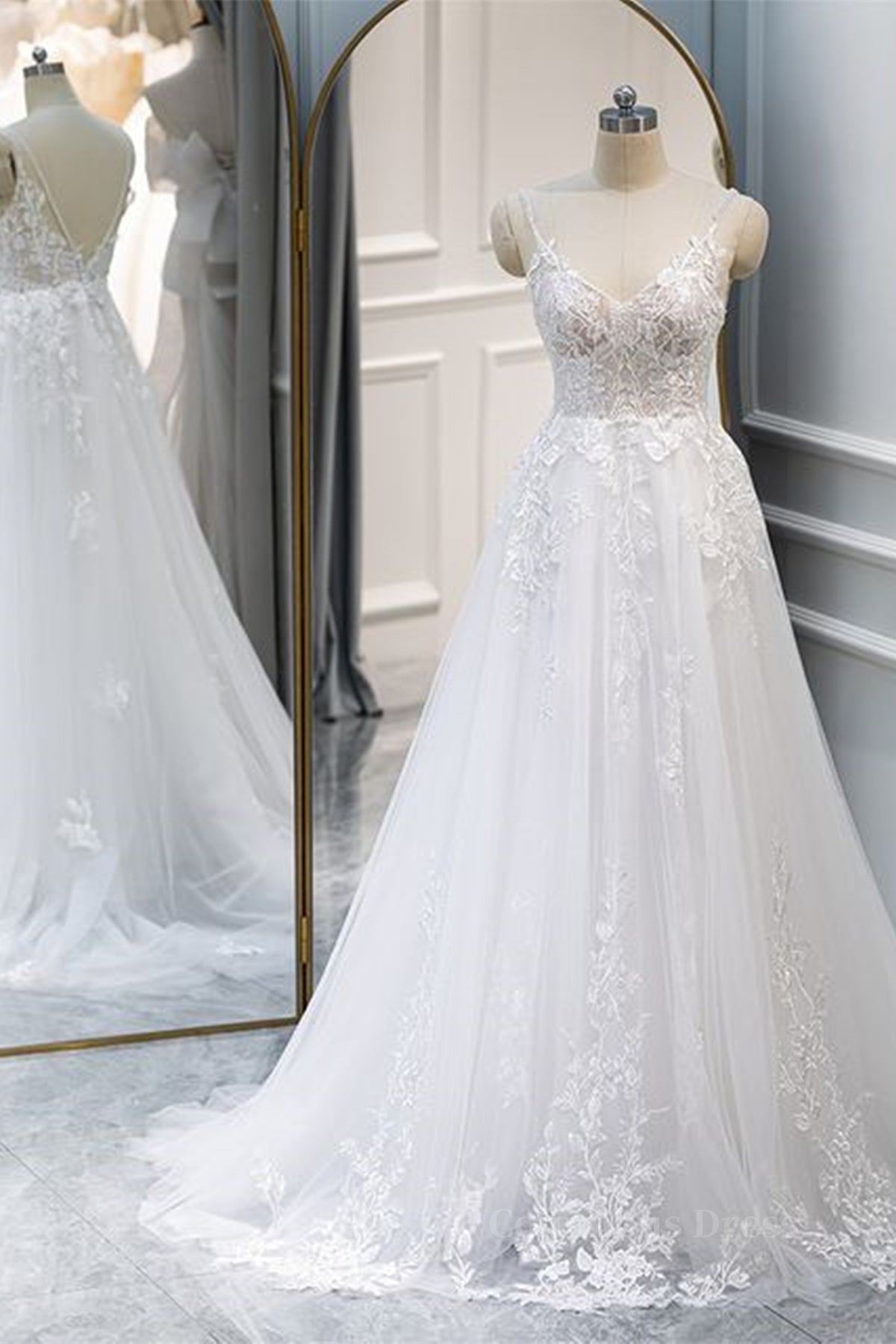 Wedding Dress Style, A Line V Neck White Lace Long Prom Dress, White Lace Wedding Dress, White Formal Evening Dress