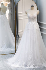 Wedding Dress Style, A Line V Neck White Lace Long Prom Dress, White Lace Wedding Dress, White Formal Evening Dress