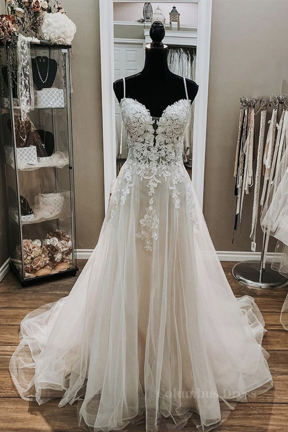 Wedding Dress Gowns, A Line V Neck White Lace Long Prom Wedding Dress, Thin Strap White Lace Formal Dress, White Lace Evening Dress
