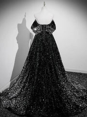 Evening Dress Formal, A-Line Velvet Sequin Long Black Prom Dress, Black Long Evening Dress