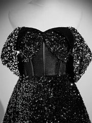 Evening Dresses Online Shop, A-Line Velvet Sequin Long Black Prom Dress, Black Long Evening Dress