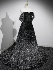 Evening Dresses With Sleeves, A-Line Velvet Sequin Long Black Prom Dress, Black Long Evening Dress