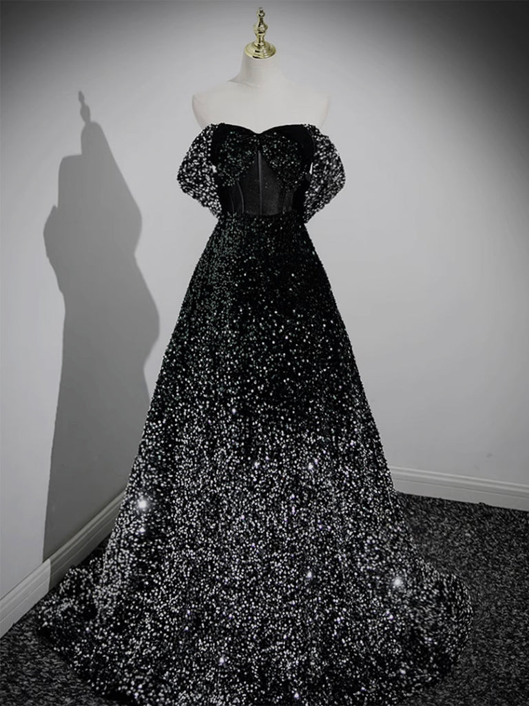 Evening Dresses Formal, A-Line Velvet Sequin Long Black Prom Dress, Black Long Evening Dress