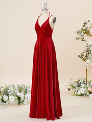 Formal Dresses With Tulle, A-line Velvet V-neck Floor-Length Bridesmaid Dress