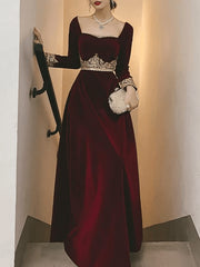 Black Lace Dress, A-Line Vintage Formal Velvet Evening Dress with Appliques,Long Sleeve Dinner Dresses