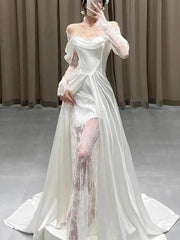 Wedding Dresses Rustic, A Line Wedding Dress Long Satin Prom Dresses
