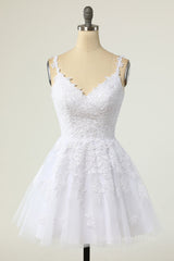 Bridesmaid Dress Gown, A-line White Lace Appliques Short Prom Dress